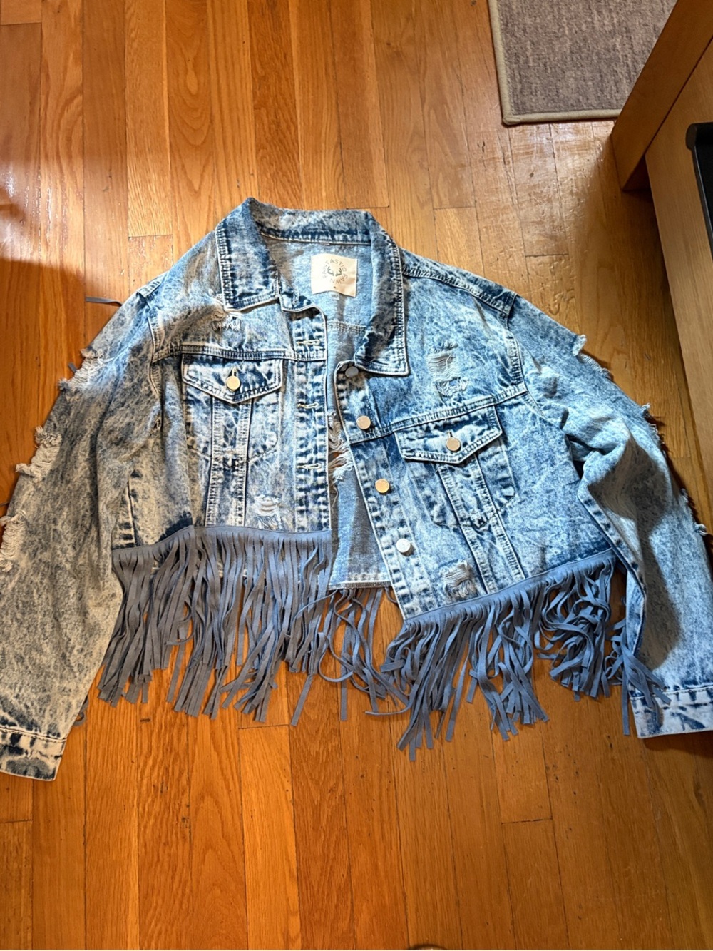 Fantastic Fawn Light Blue Distressed Cropped Denim Jacket with Fringe
